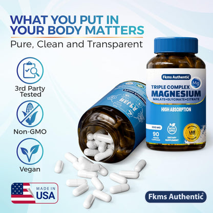 FKMS Authentic Triple Magnesium Complex | 300mg Magnesium Glycinate, Malate & Citrate for Sleep, Stress & Muscle Support | Non-GMO, Vegan, Gentle on Stomach | High Absorption | 90 Capsules - Maple Wellness Supplements