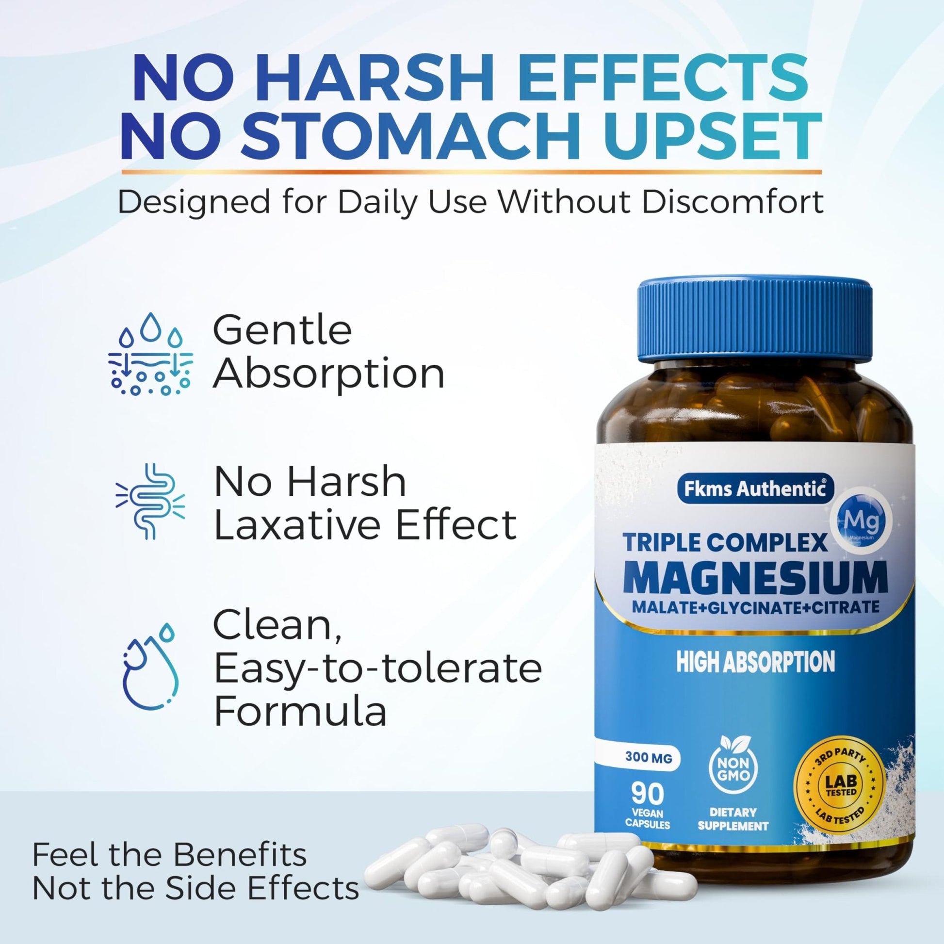 FKMS Authentic Triple Magnesium Complex | 300mg Magnesium Glycinate, Malate & Citrate for Sleep, Stress & Muscle Support | Non-GMO, Vegan, Gentle on Stomach | High Absorption | 90 Capsules - Maple Wellness Supplements