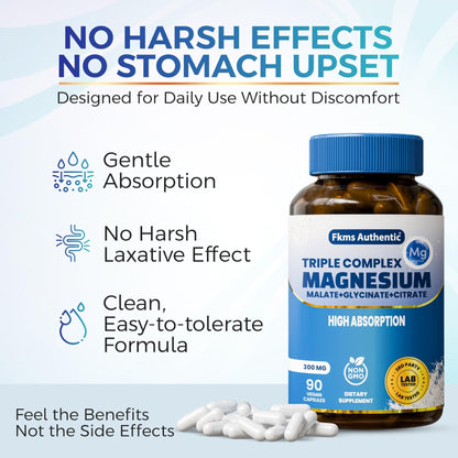FKMS Authentic Triple Magnesium Complex | 300mg Magnesium Glycinate, Malate & Citrate for Sleep, Stress & Muscle Support | Non-GMO, Vegan, Gentle on Stomach | High Absorption | 90 Capsules - Maple Wellness Supplements