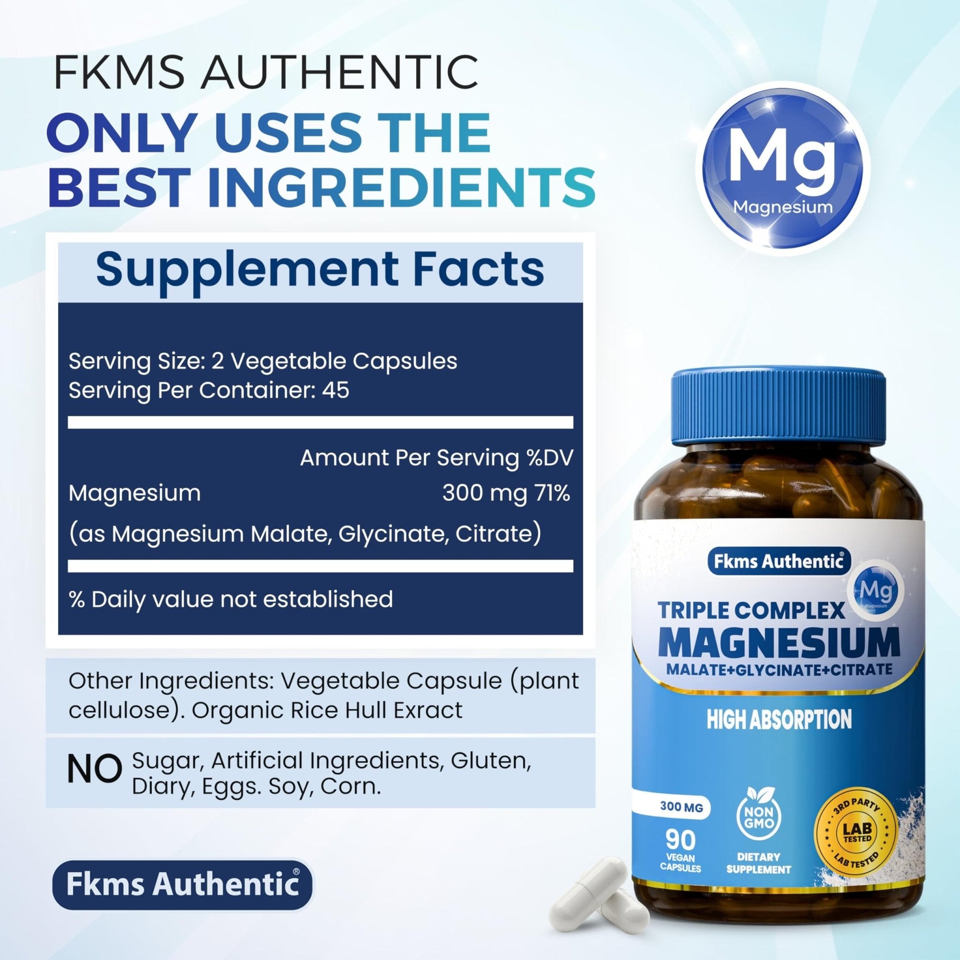 FKMS Authentic Triple Magnesium Complex | 300mg Magnesium Glycinate, Malate & Citrate for Sleep, Stress & Muscle Support | Non-GMO, Vegan, Gentle on Stomach | High Absorption | 90 Capsules - Maple Wellness Supplements