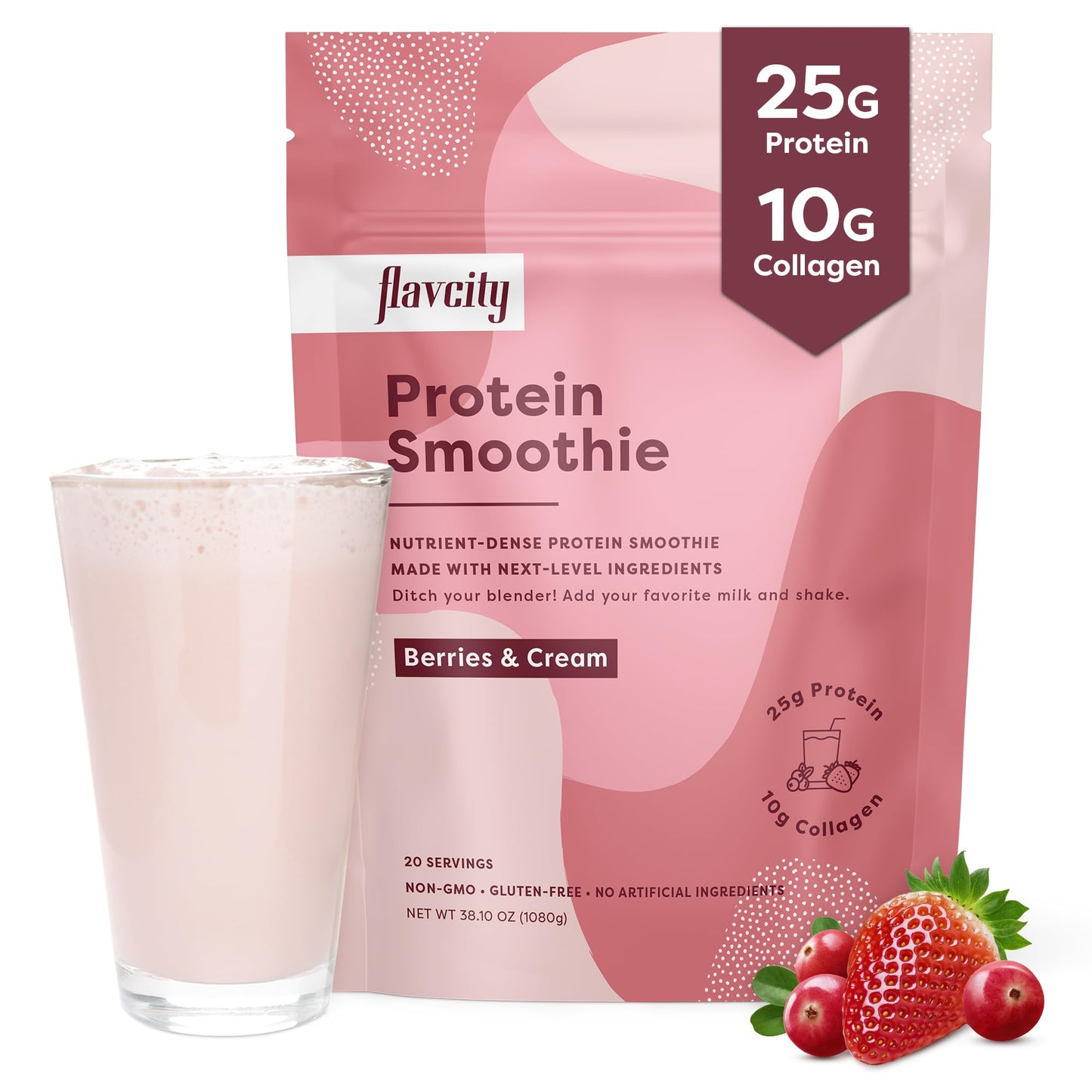 FlavCity Protein Powder Smoothie, Berries & Cream - 100% Grass-Fed Whey Protein - Maple Wellness Supplements