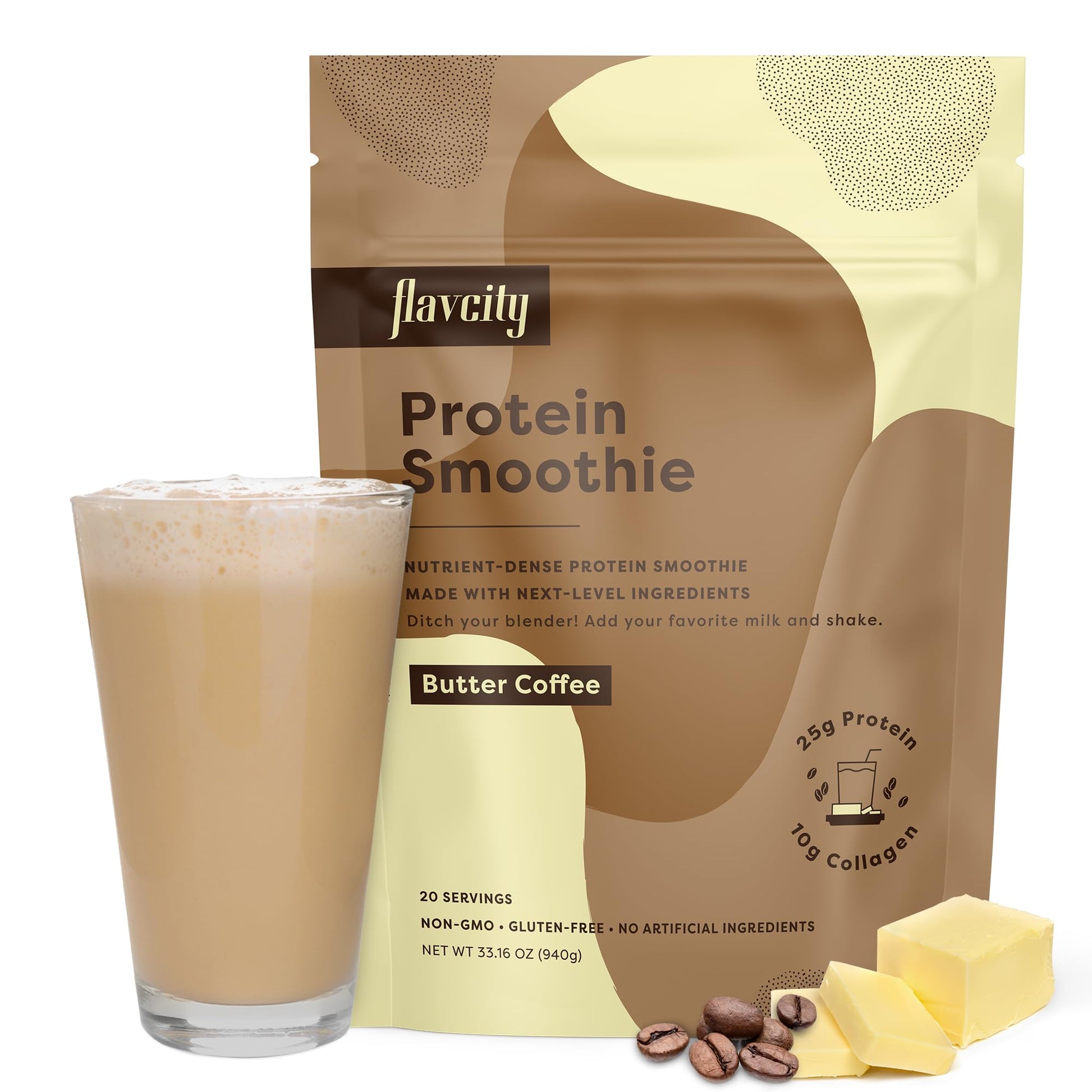 FlavCity Protein Powder Smoothie, Butter Coffee - 100% Grass-Fed Whey Protein Powder - Maple Wellness Supplements