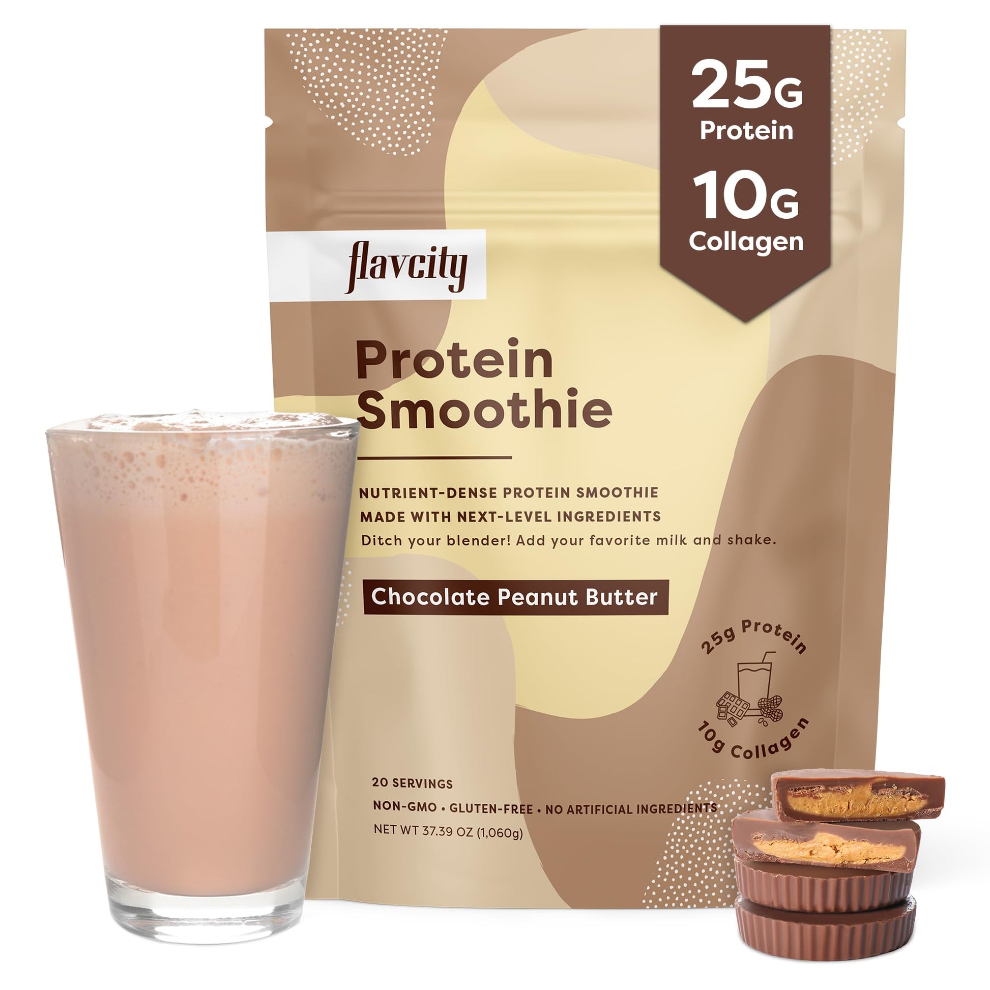 FlavCity Protein Powder Smoothie, Chocolate Peanut Butter - 100% Grass-Fed Whey Pro - Maple Wellness Supplements