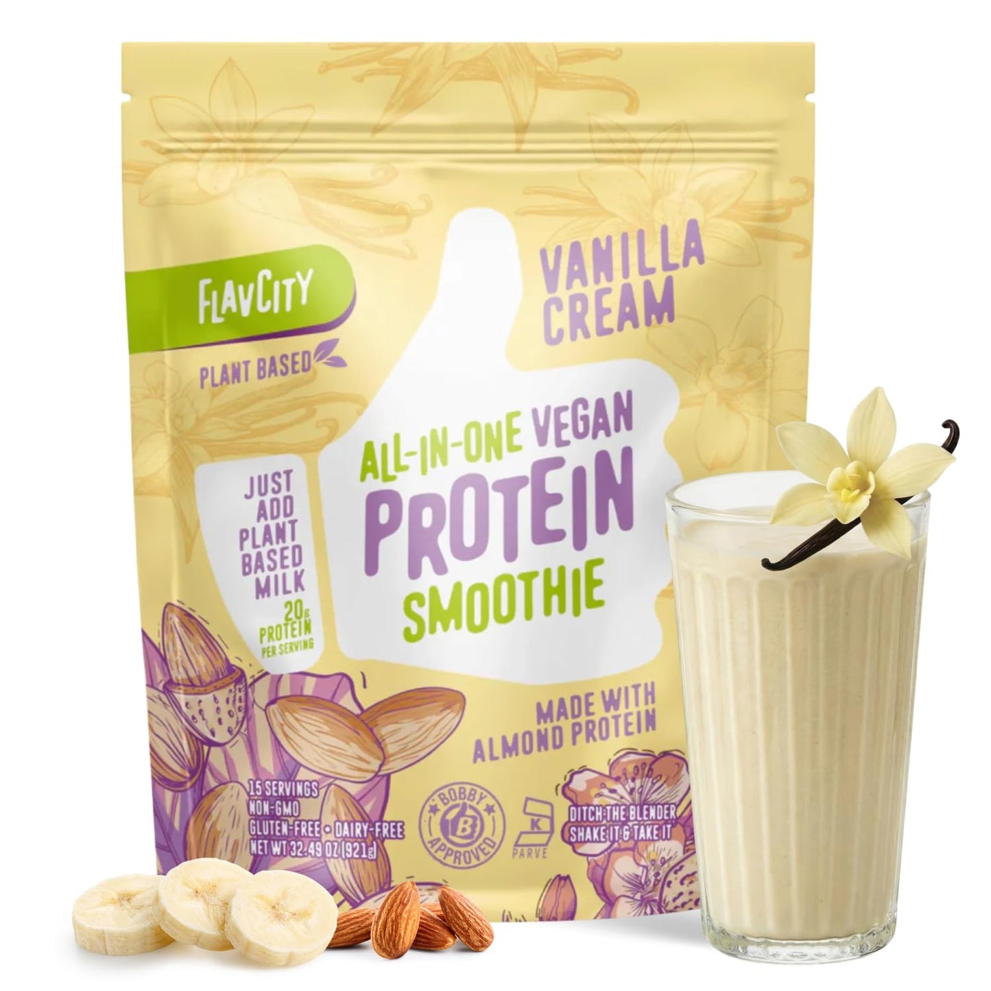 FlavCity Vegan Almond Protein Shake Powder, Vanilla Cream + Reishi & Cordyceps Mushrooms - Focus, Skin, Hair & Joint Support - Organic Fruit All in One Smoothie On-the-Go, 20 Servings - Maple Wellness Supplements