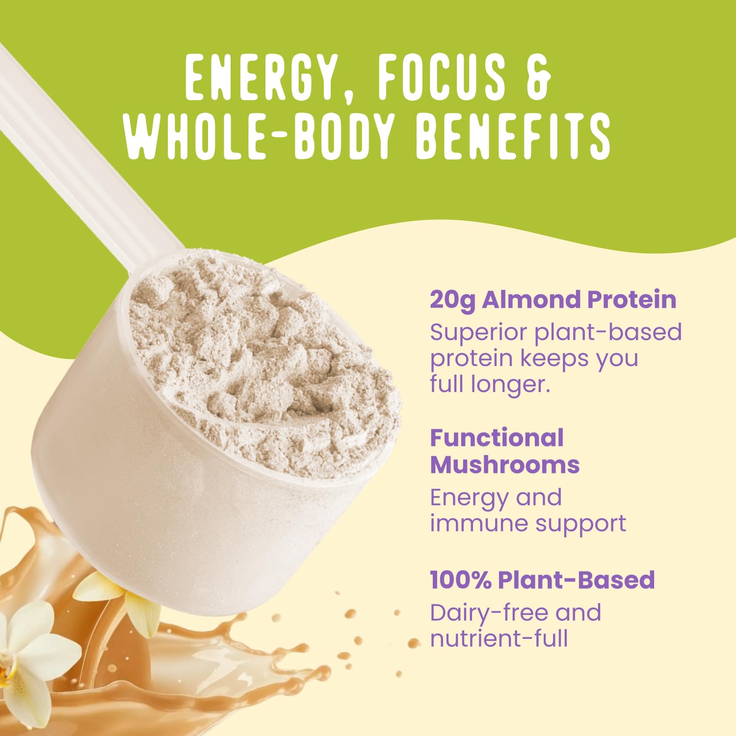 FlavCity Vegan Almond Protein Shake Powder, Vanilla Cream + Reishi & Cordyceps Mushrooms - Focus, Skin, Hair & Joint Support - Organic Fruit All in One Smoothie On-the-Go, 20 Servings - Maple Wellness Supplements