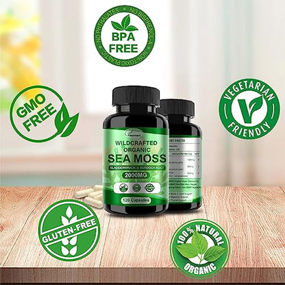 Fleamart 2 Pack Irish Sea Moss Capsules 120ct Raw Organic Sea Moss Wildcrafted Bladder - Maple Wellness Supplements