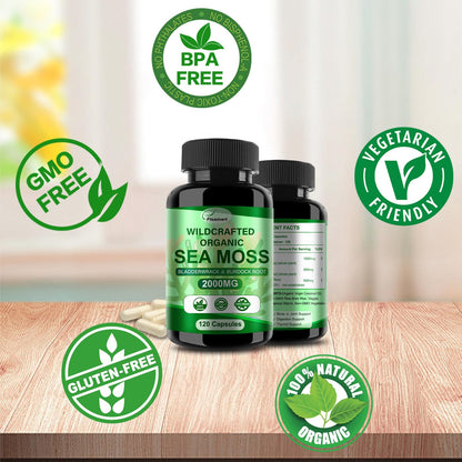 Fleamart Irish Sea Moss Capsules 120ct Raw Organic Sea Moss Wildcrafted Bladderwrack - Maple Wellness Supplements