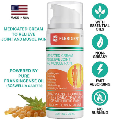FLEXIGEN, Frankincense Pain Relief Cream Lotion– 3.2 oz Spray Pump – Natural Rub for Arthritis, Menthol Therapy Joint & Muscle Pain – Cooling Formula, Pleasant Scent – Topical OTC - Maple Wellness Supplements