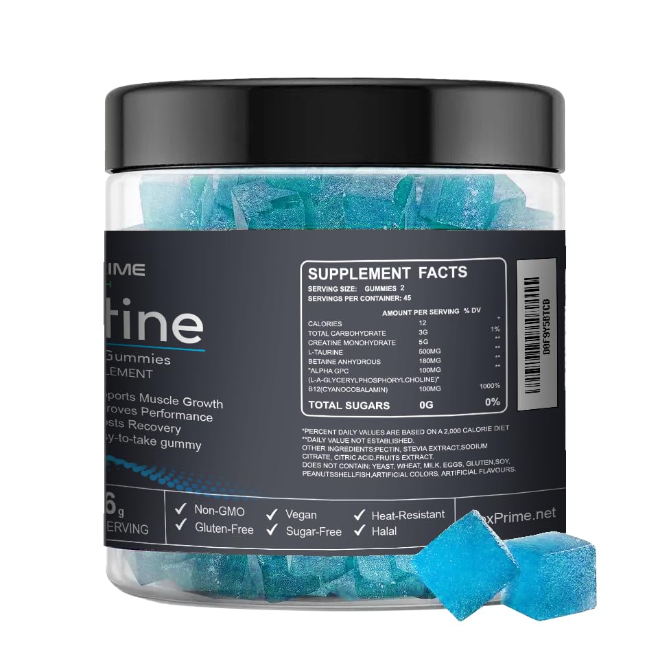 FlexPrime Creatine Gummies Sugar Free - 6g Creatine Monohydrate + L-Taurine, Alpha GPC, Betaine | Vegan Halal Blueberry Chews for Lean Muscle, Strength, Brain Health | Men Women 90 Count - Maple Wellness Supplements