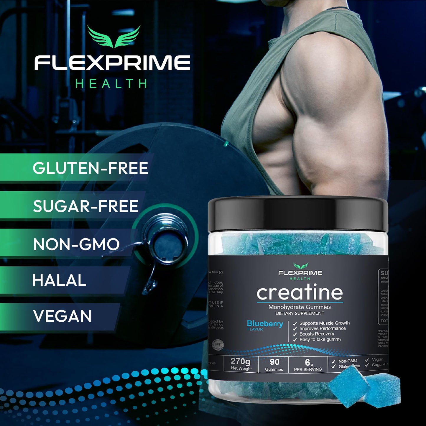 FlexPrime Creatine Gummies Sugar Free - 6g Creatine Monohydrate + L-Taurine, Alpha GPC, Betaine | Vegan Halal Blueberry Chews for Lean Muscle, Strength, Brain Health | Men Women 90 Count - Maple Wellness Supplements