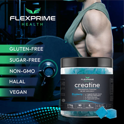 FlexPrime Creatine Gummies Sugar Free - 6g Creatine Monohydrate + L-Taurine, Alpha GPC, Betaine | Vegan Halal Blueberry Chews for Lean Muscle, Strength, Brain Health | Men Women 90 Count - Maple Wellness Supplements