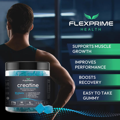 FlexPrime Creatine Gummies Sugar Free - 6g Creatine Monohydrate + L-Taurine, Alpha GPC, Betaine | Vegan Halal Blueberry Chews for Lean Muscle, Strength, Brain Health | Men Women 90 Count - Maple Wellness Supplements