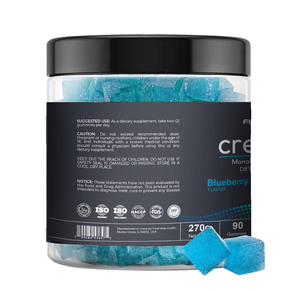 FlexPrime Creatine Gummies Sugar Free - 6g Creatine Monohydrate + L-Taurine, Alpha GPC, Betaine | Vegan Halal Blueberry Chews for Lean Muscle, Strength, Brain Health | Men Women 90 Count - Maple Wellness Supplements
