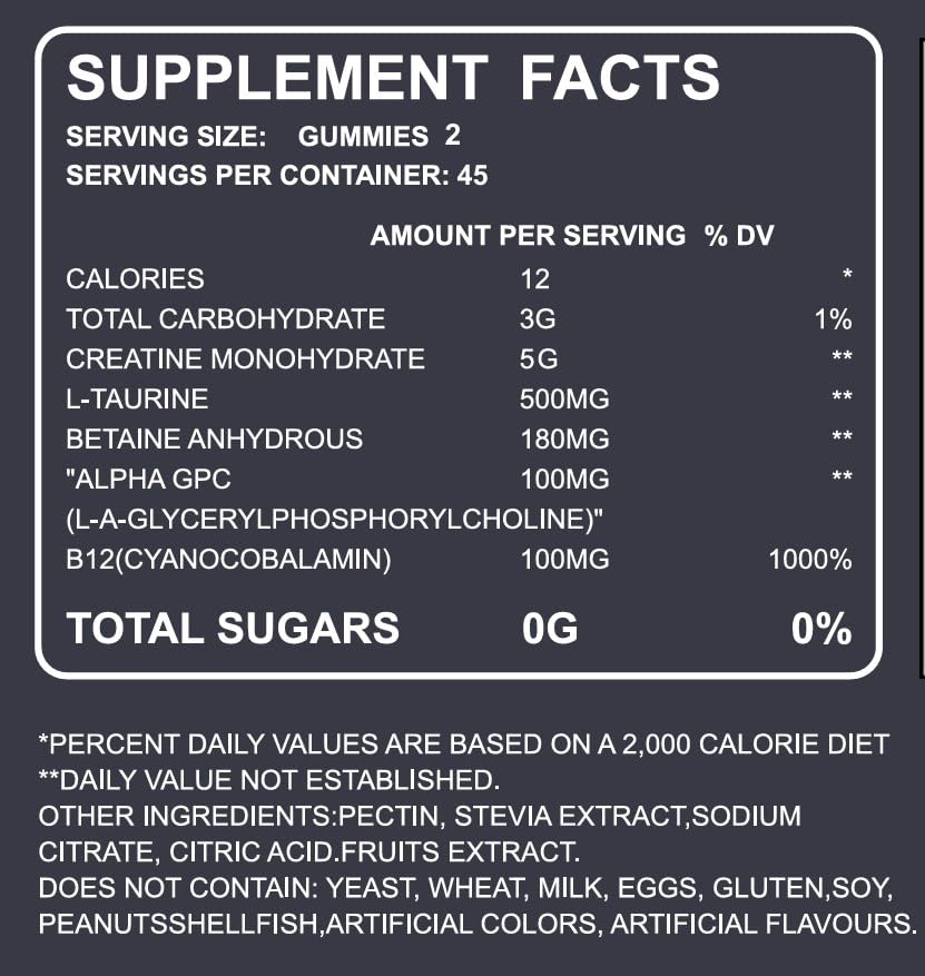 FlexPrime Creatine Gummies Sugar Free - 6g Creatine Monohydrate + L-Taurine, Alpha GPC, Betaine | Vegan Halal Blueberry Chews for Lean Muscle, Strength, Brain Health | Men Women 90 Count - Maple Wellness Supplements