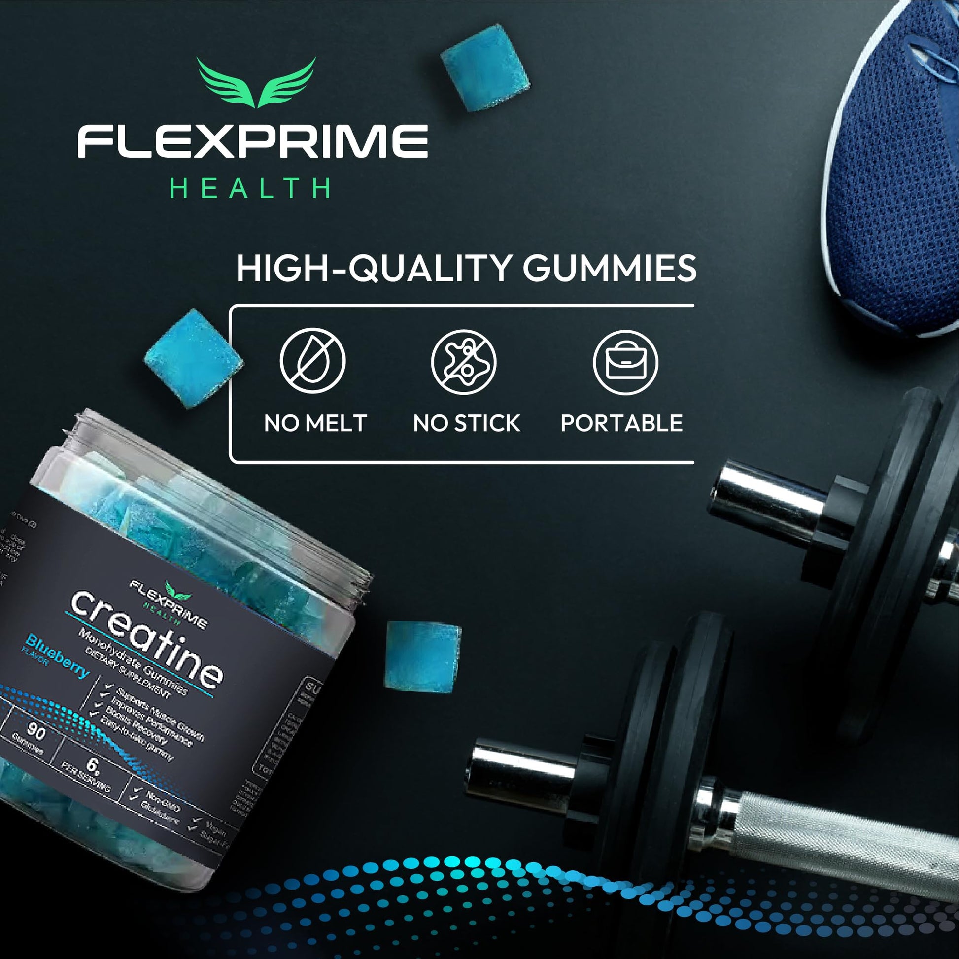 FlexPrime Creatine Gummies Sugar Free - 6g Creatine Monohydrate + L-Taurine, Alpha GPC, Betaine | Vegan Halal Blueberry Chews for Lean Muscle, Strength, Brain Health | Men Women 90 Count - Maple Wellness Supplements
