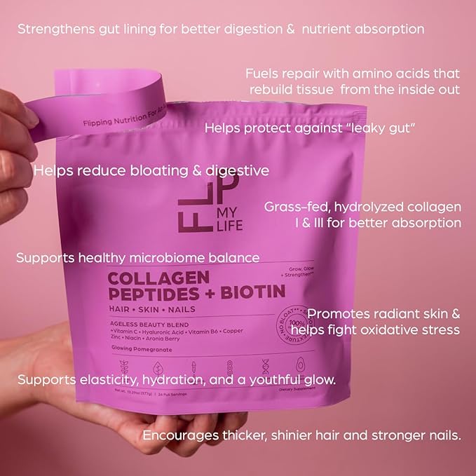 Flip My Life Collagen Peptides + Biotin, Hyaluronic Acid & Vitamin C - For Hair, Skin, Nails - Gut Health/Joint Support - Ageless Beauty Blend Supplement Powder for Men/Women - 9g Protein—26 Servings - Maple Wellness Supplements