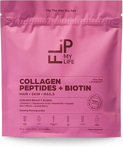 Flip My Life Collagen Peptides + Biotin, Hyaluronic Acid & Vitamin C - For Hair, Skin, Nails - Gut Health/Joint Support - Ageless Beauty Blend Supplement Powder for Men/Women - 9g Protein—26 Servings - Maple Wellness Supplements