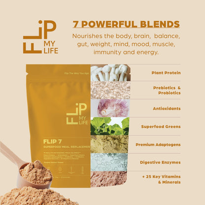 Flip My Life, Flip 7 Natural SuperFood, Plant-Based Protein, Complete Meal Replacement to Support Healthy Gut, 7 Mega Nutrient Rich Blends all in one to AGE BETTER - Peanut Butter - Maple Wellness Supplements
