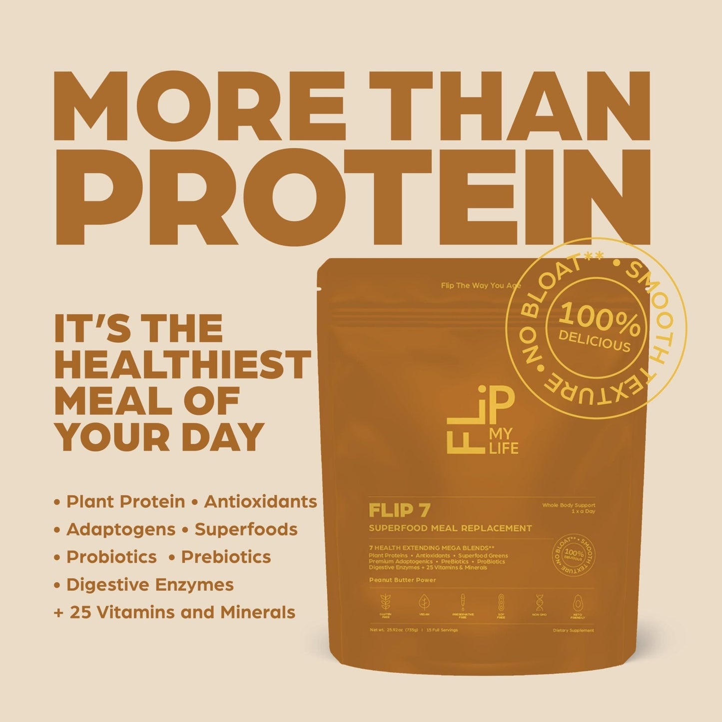 Flip My Life, Flip 7 Natural SuperFood, Plant-Based Protein, Complete Meal Replacement to Support Healthy Gut, 7 Mega Nutrient Rich Blends all in one to AGE BETTER - Peanut Butter - Maple Wellness Supplements