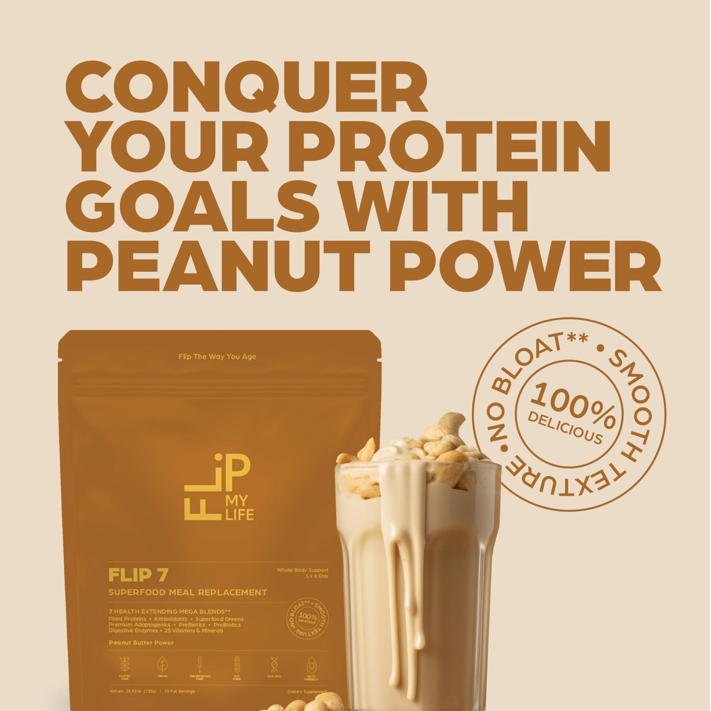 Flip My Life, Flip 7 Natural SuperFood, Plant-Based Protein, Complete Meal Replacement to Support Healthy Gut, 7 Mega Nutrient Rich Blends all in one to AGE BETTER - Peanut Butter - Maple Wellness Supplements