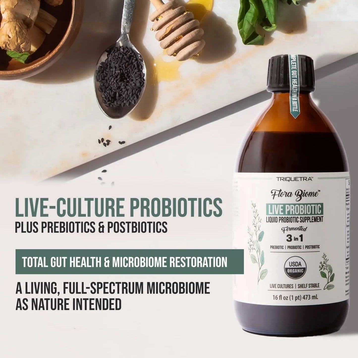 Flora Biome - Live Probiotic, Prebiotic, & Postbiotic – Organic Live-Culture – 10 Probiotic Strains, 18 Fermented Herbs - Complete Gut Health & Microbiome Optimizer (16 oz) - Maple Wellness Supplements
