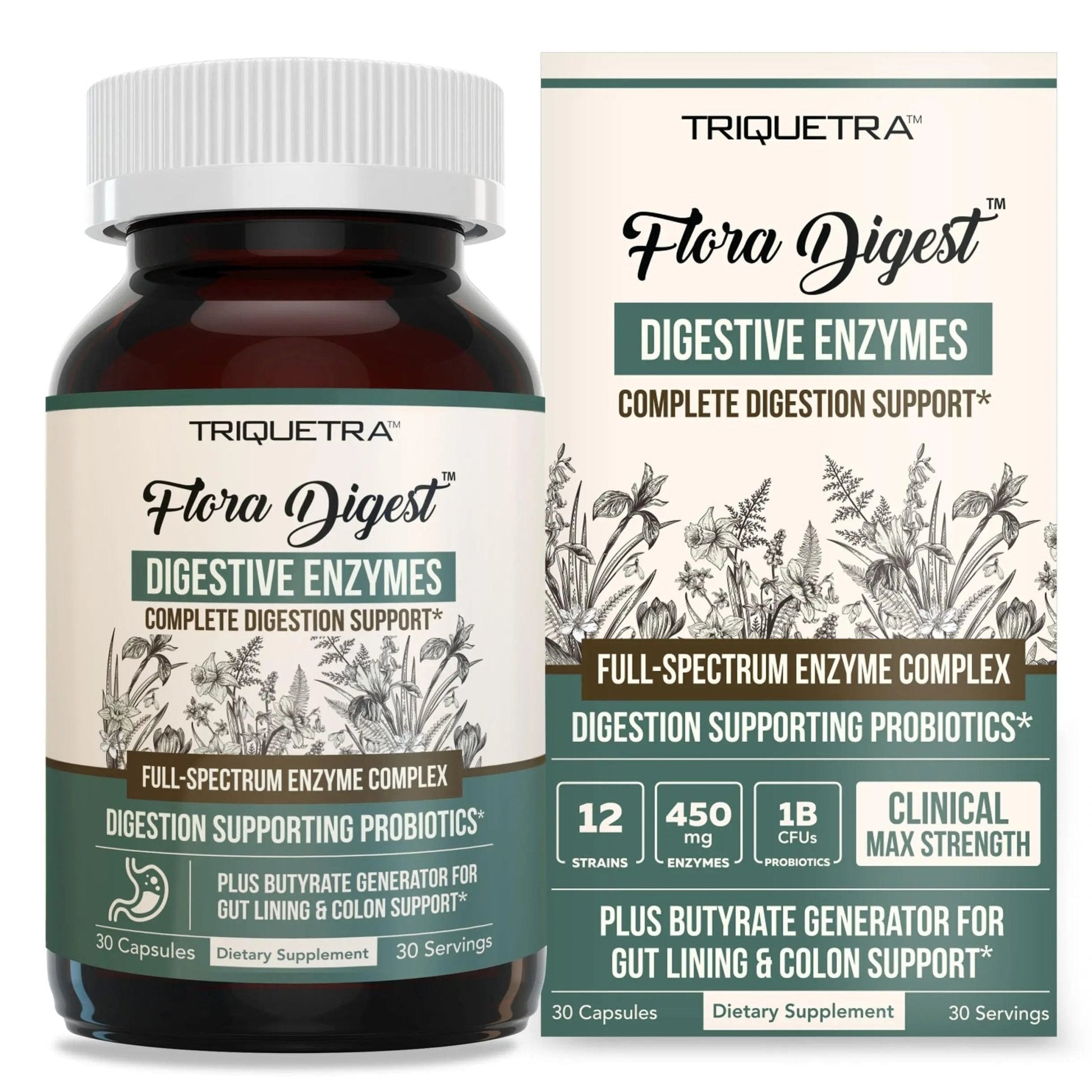 Flora Digest - 3-in-1 Max Strength Digestive Enzymes + Gut Surviving Probiotics & ButyraGen® Postbiotic for Optimal Digestion, Bloating Relief, Regularity, Gut Lining & Colon Support - (30 Capsules) - Maple Wellness Supplements