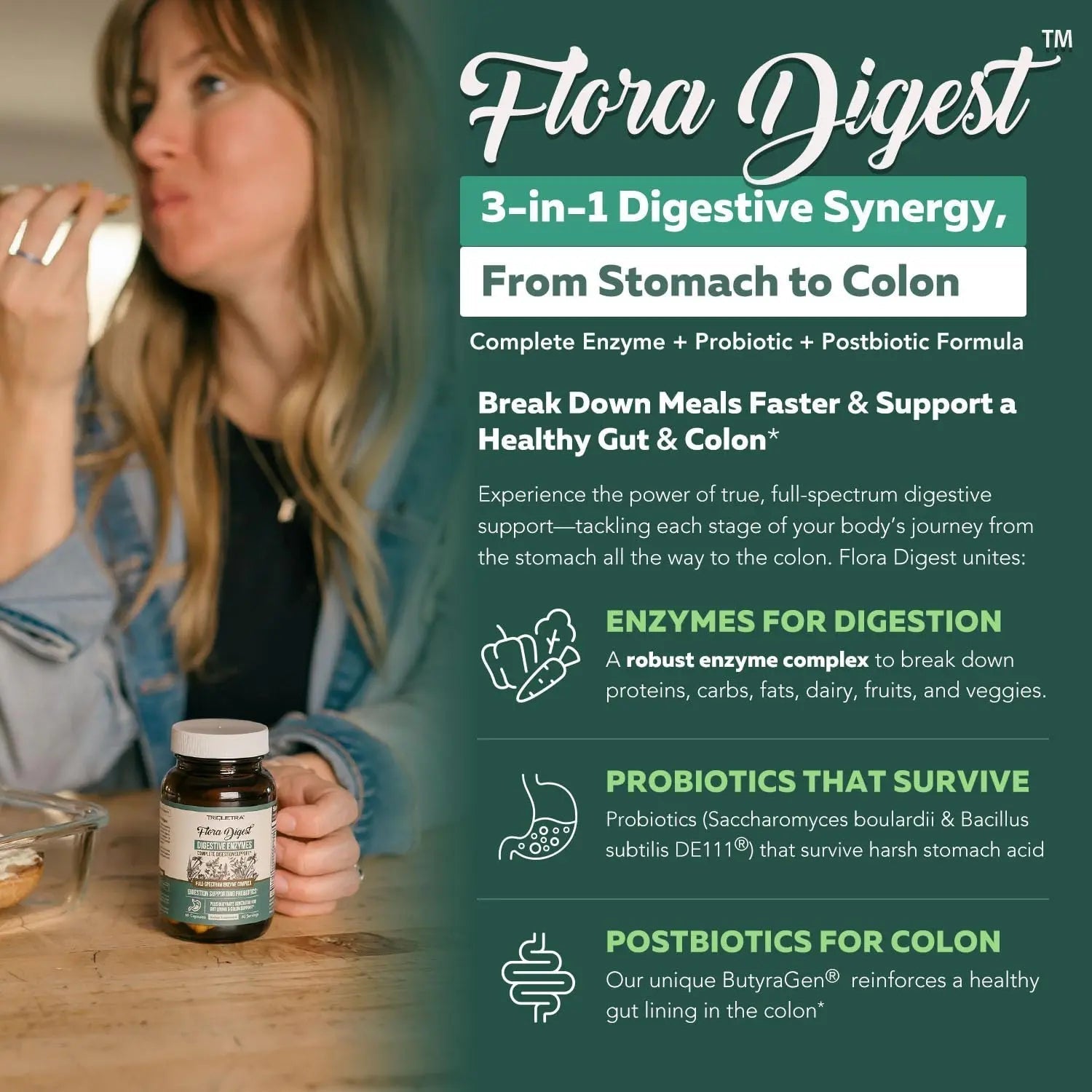 Flora Digest - 3-in-1 Max Strength Digestive Enzymes + Gut Surviving Probiotics & ButyraGen® Postbiotic for Optimal Digestion, Bloating Relief, Regularity, Gut Lining & Colon Support - (60 Capsules) - Maple Wellness Supplements