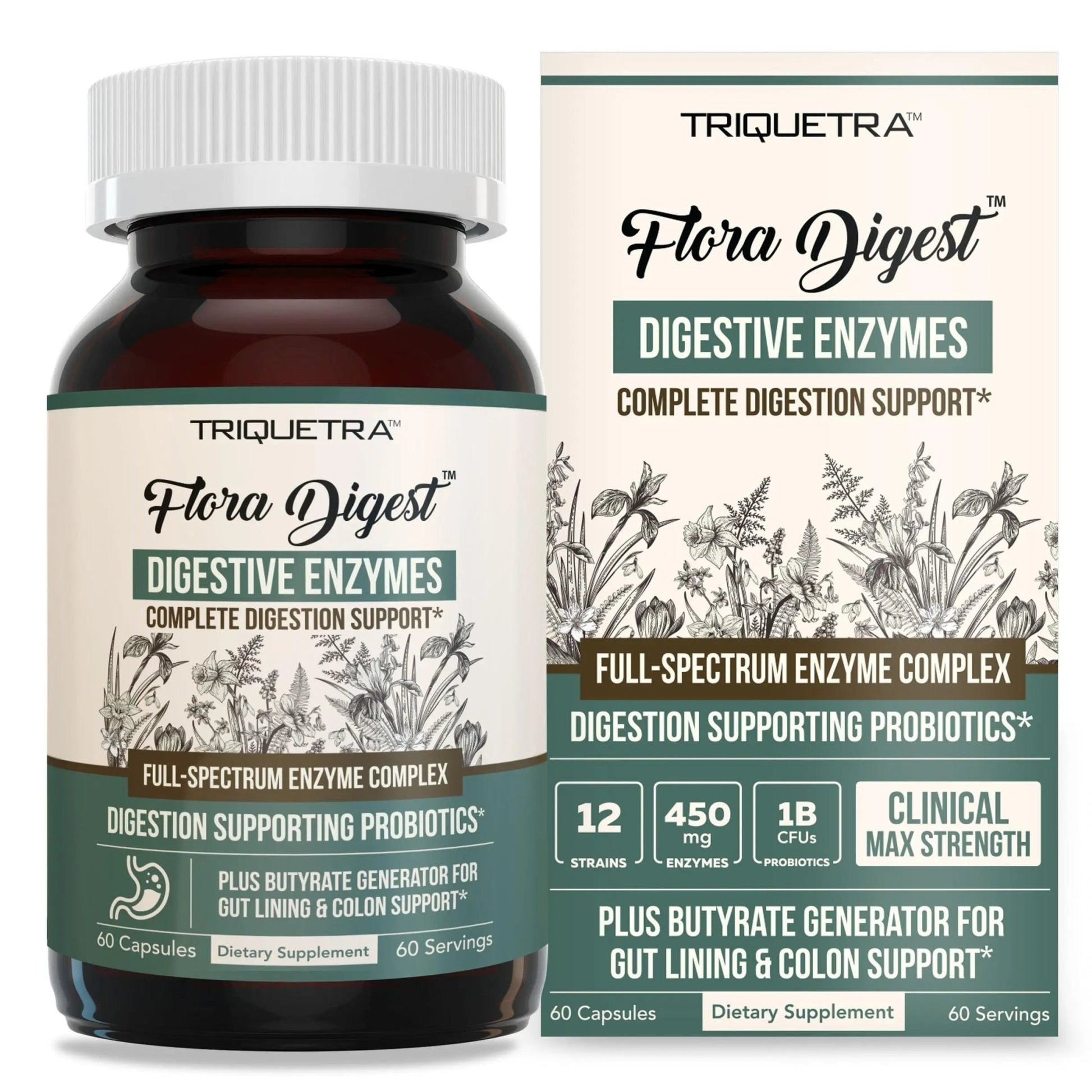 Flora Digest - 3-in-1 Max Strength Digestive Enzymes + Gut Surviving Probiotics & ButyraGen® Postbiotic for Optimal Digestion, Bloating Relief, Regularity, Gut Lining & Colon Support - (60 Capsules) - Maple Wellness Supplements