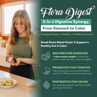 Flora Digest - 3-in-1 Max Strength Digestive Enzymes + Gut Surviving Probiotics & ButyraGen® Postbiotic for Optimal Digestion, Bloating Relief, Regularity, Gut Lining & Colon Support - (30 Capsules) - Maple Wellness Supplements