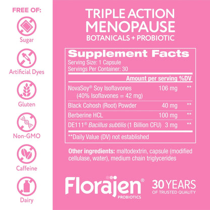 Florajen Triple-Action Menopause Probiotic - Hormonal Balance, Hot Flash, & Mood Swing Relief - Weight Management & Digestive Support - Featuring Berberine, Black Cohosh, & Botanical - 30 Capsules - Maple Wellness Supplements