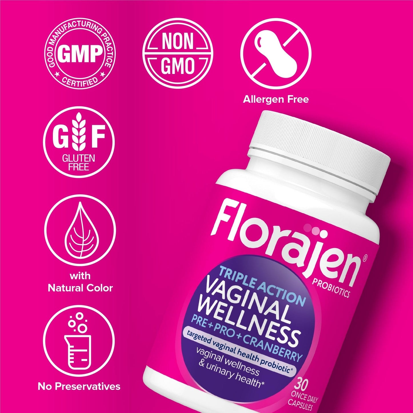 Florajen Women’s Triple-Action Probiotic, Prebiotic + Probiotic + Cranberry for Vaginal, Digestive, & Immune Support - Fast-Acting - Maple Wellness Supplements