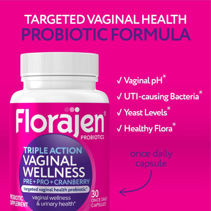 Florajen Women’s Triple-Action Probiotic, Prebiotic + Probiotic + Cranberry for Vaginal, Digestive, & Immune Support - Fast-Acting - Maple Wellness Supplements
