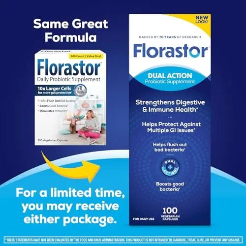 Florastor Probiotics for Digestive and Immune Health, 100 Capsules, Probiotics for Women & Men, Helps Flush Out Bad Bacteria, Boosts The Good with Our Unique Strain Saccharomyces Boulardii - Maple Wellness Supplements