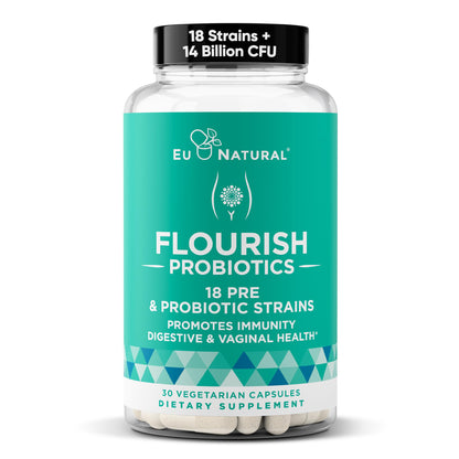 Flourish Probiotics + Prebiotics for Women - Gut and Digestion, Urinary Tract, Reduce Bloating, Vaginal Health - 18 Clinically Proven Strains, 14 Billion CFU - 30 Shelf-Stable Mini Vegan Capsules - Maple Wellness Supplements