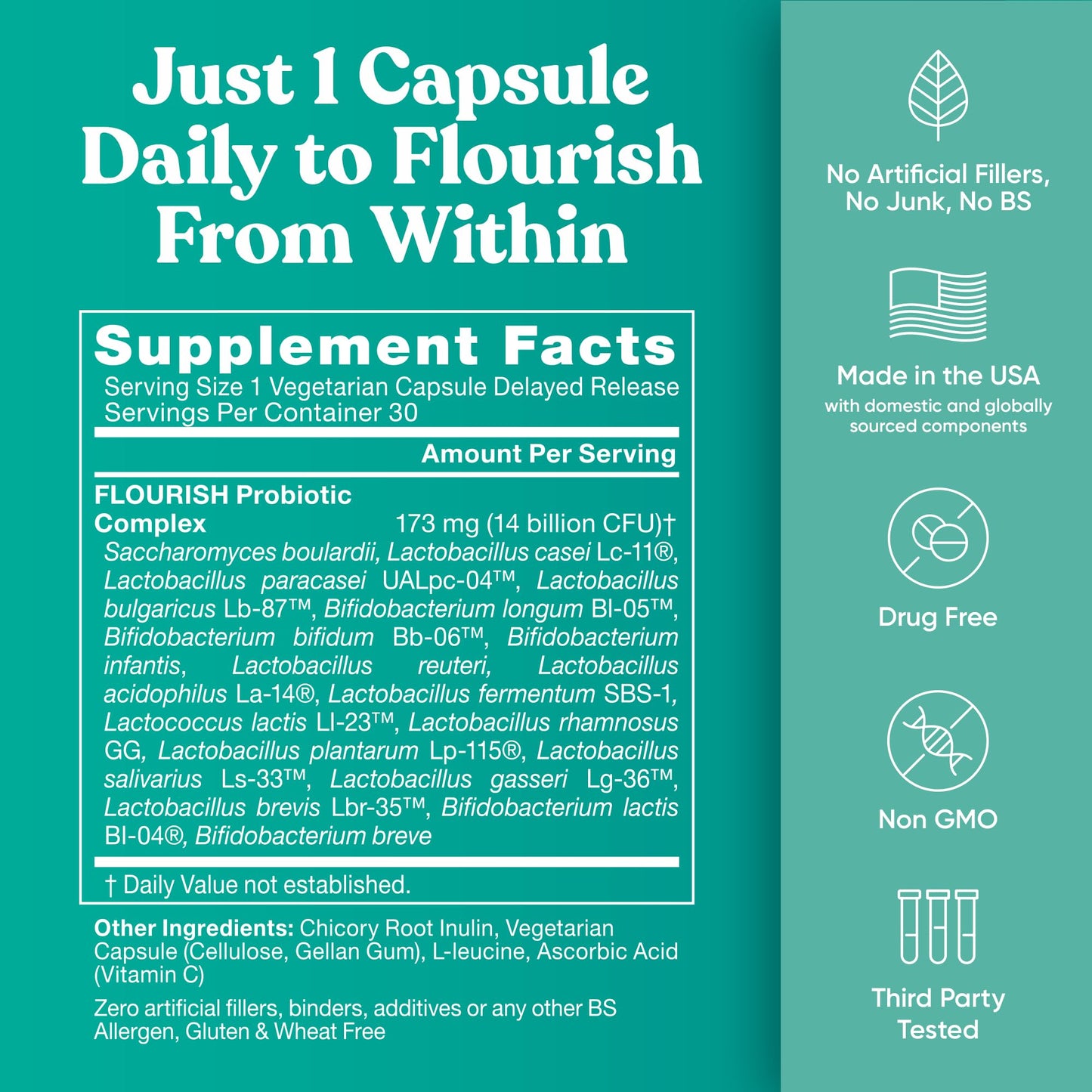 Flourish Probiotics + Prebiotics for Women - Gut and Digestion, Urinary Tract, Reduce Bloating, Vaginal Health - 18 Clinically Proven Strains, 14 Billion CFU - 30 Shelf-Stable Mini Vegan Capsules - Maple Wellness Supplements