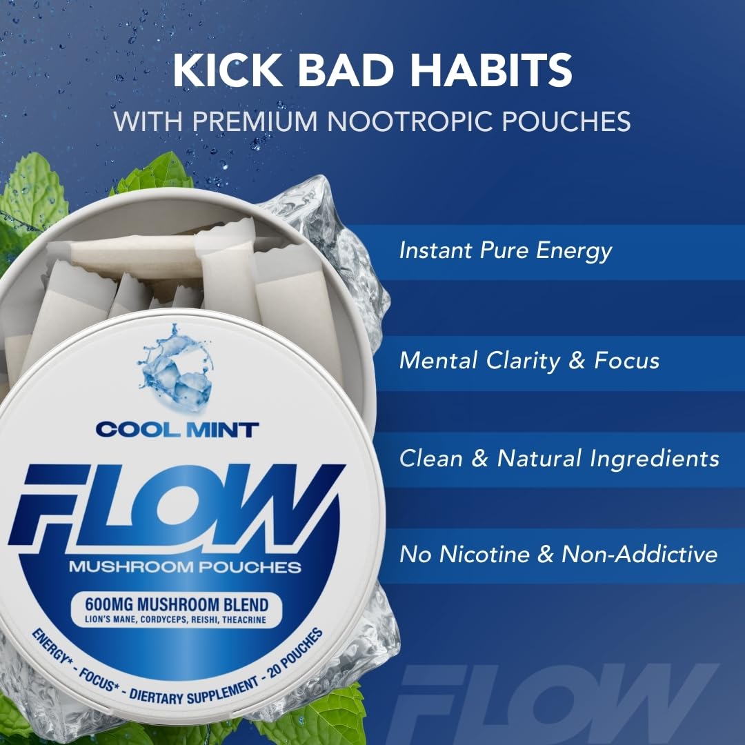 Flow Pouches Mushroom Nootropic Pouches - 600mg Organic Mushroom Energy Ultra Pouches with Lion's Mane, Reishi, Cordyceps for Focus & Clean Energy - Zero Caffeine or Sugar (5 Can Pack, Cool Mint) - Maple Wellness Supplements
