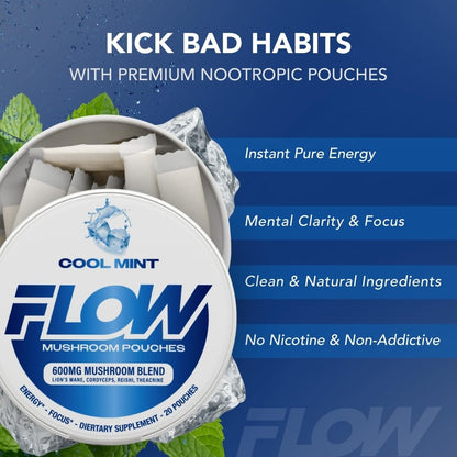 Flow Pouches Mushroom Nootropic Pouches - 600mg Organic Mushroom Energy Ultra Pouches with Lion's Mane, Reishi, Cordyceps for Focus & Clean Energy - Zero Caffeine or Sugar (5 Can Pack, Cool Mint) - Maple Wellness Supplements