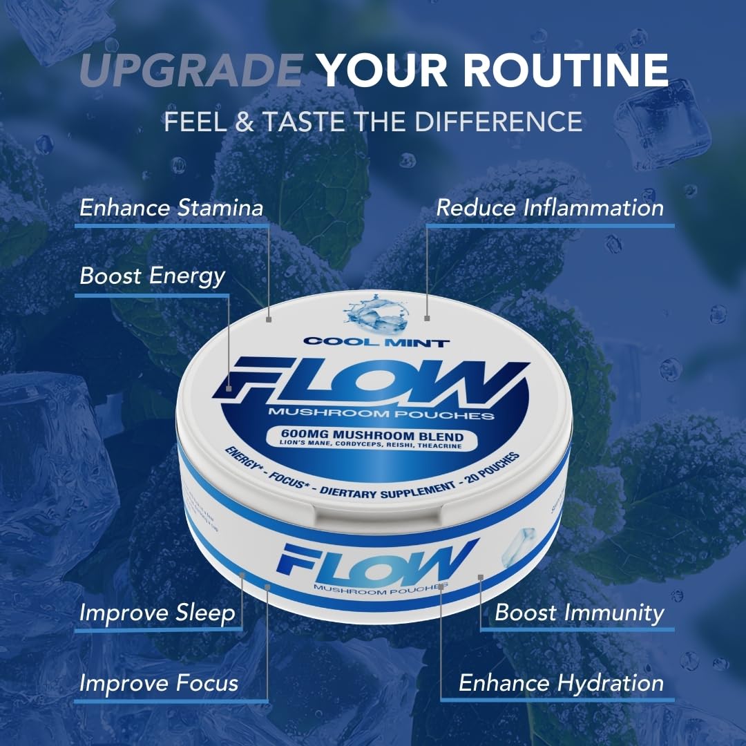 Flow Pouches Mushroom Nootropic Pouches - 600mg Organic Mushroom Energy Ultra Pouches with Lion's Mane, Reishi, Cordyceps for Focus & Clean Energy - Zero Caffeine or Sugar (5 Can Pack, Cool Mint) - Maple Wellness Supplements
