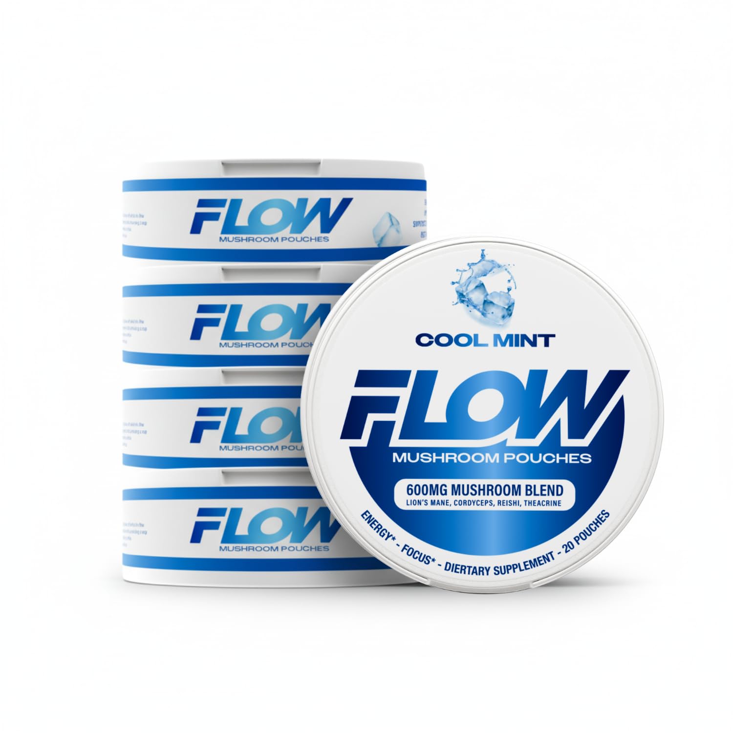 Flow Pouches Mushroom Nootropic Pouches - 600mg Organic Mushroom Energy Ultra Pouches with Lion's Mane, Reishi, Cordyceps for Focus & Clean Energy - Zero Caffeine or Sugar (5 Can Pack, Cool Mint) - Maple Wellness Supplements