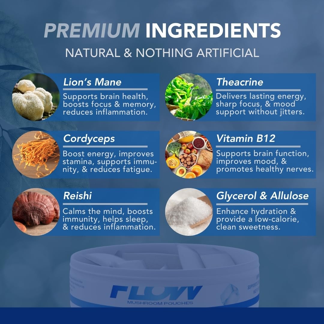 Flow Pouches Mushroom Nootropic Pouches - 600mg Organic Mushroom Energy Ultra Pouches with Lion's Mane, Reishi, Cordyceps for Focus & Clean Energy - Zero Caffeine or Sugar (5 Can Pack, Cool Mint) - Maple Wellness Supplements