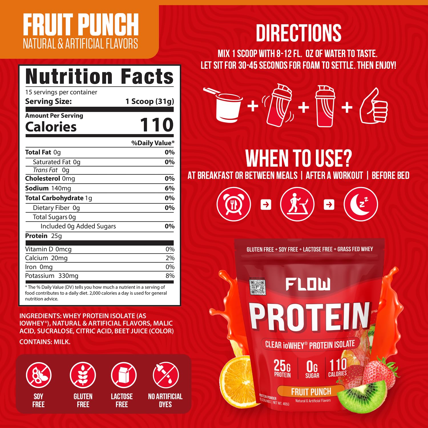 Flow Supps Clear Whey Isolate Protein Powder, Fruit Punch - 15 Servings, 25g Protein - Maple Wellness Supplements