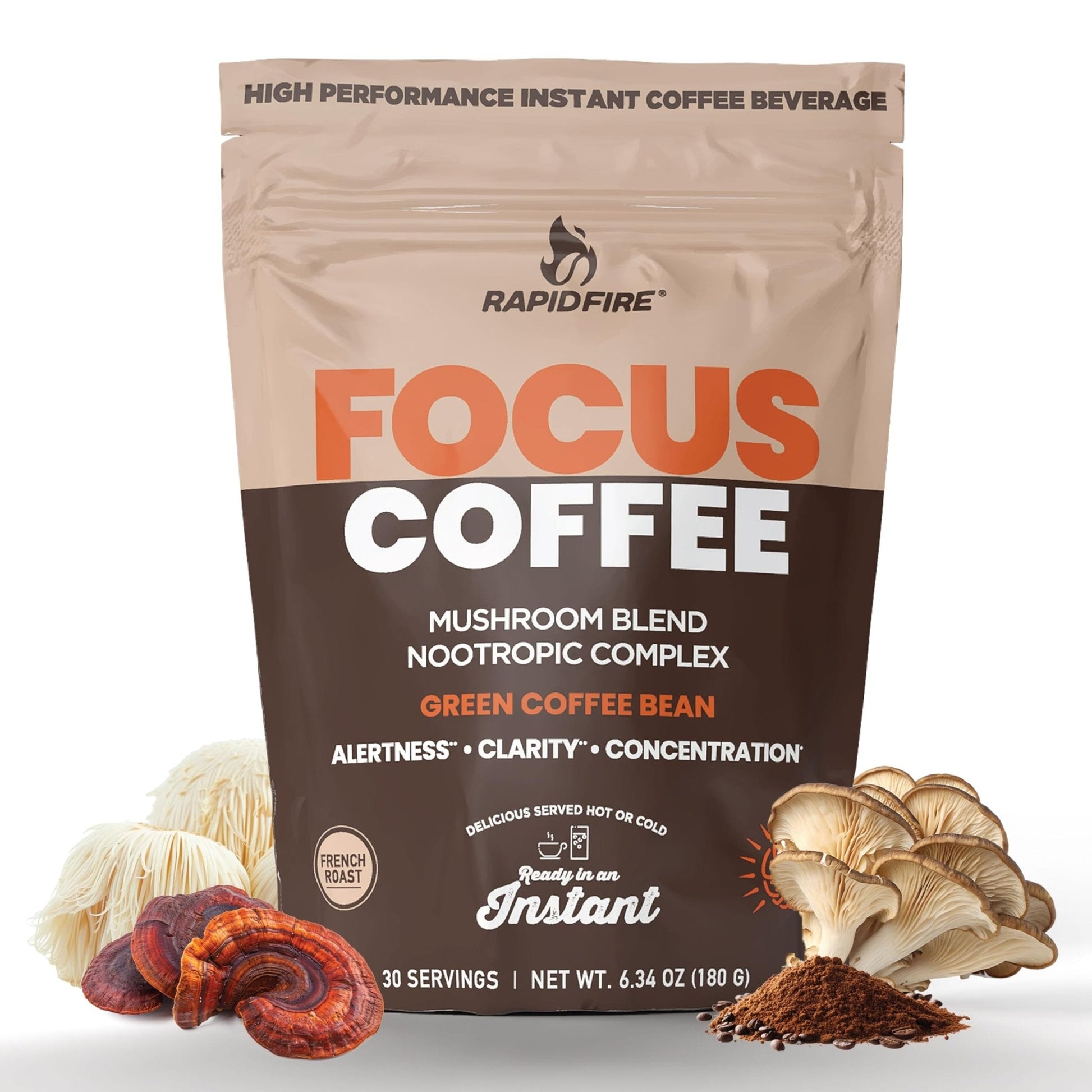 Focus Coffee Mushroom Blend, Nootropic Complex Coffee, Supports Alertness and Clarity, (Lion’s Mane, Cordyceps, Turkey Tail) Green Coffee Bean Instant Coffee for Focus & Gut Health, 30 Servings - Maple Wellness Supplements