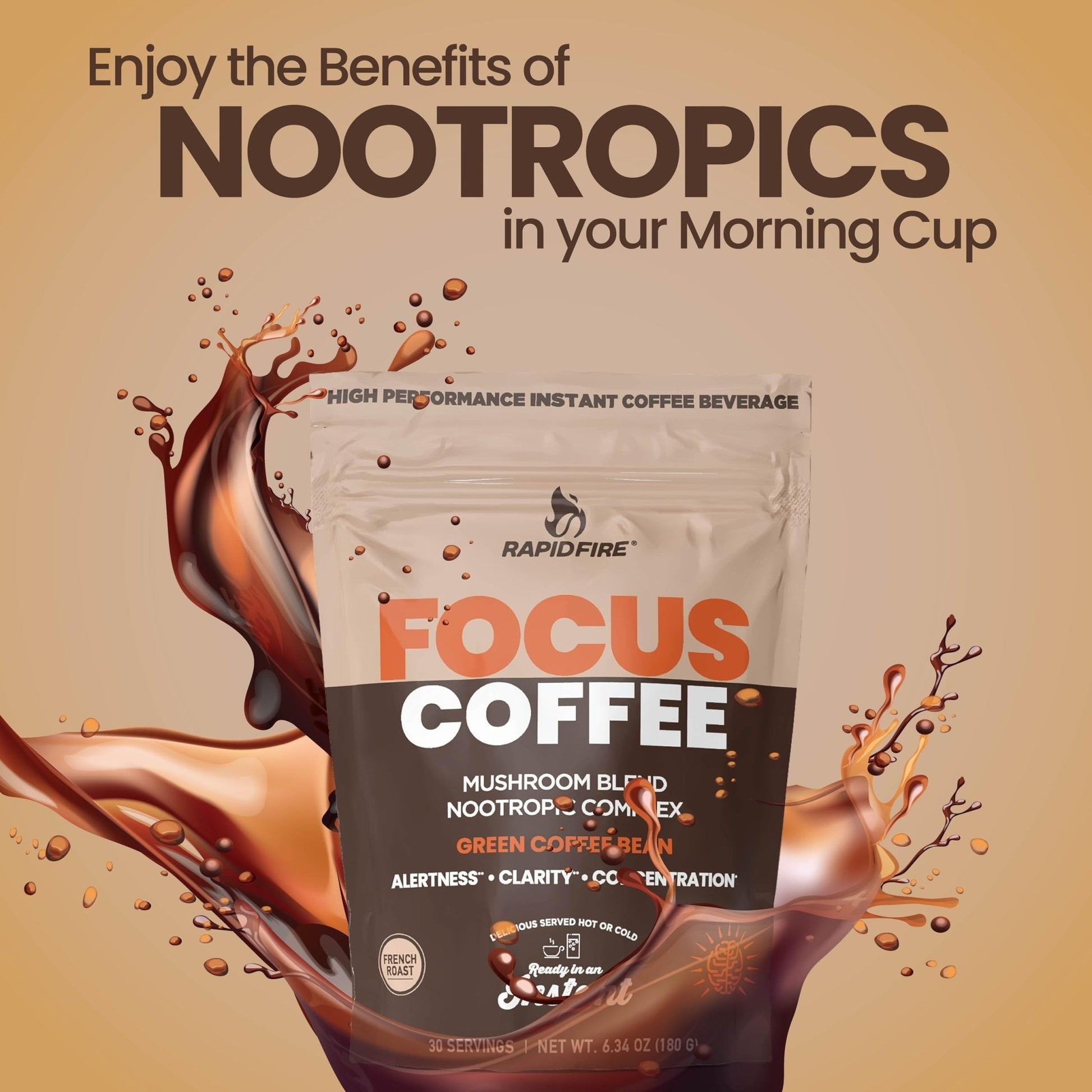 Focus Coffee Mushroom Blend, Nootropic Complex Coffee, Supports Alertness and Clarity, (Lion’s Mane, Cordyceps, Turkey Tail) Green Coffee Bean Instant Coffee for Focus & Gut Health, 30 Servings - Maple Wellness Supplements
