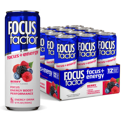Focus Factor Energy Drink - 12 x 355ml Cans (Berry Flavour) - with Focus + Energy - Lightly Carbonated, Sugar Free, Low Calorie with Vitamin B6 & Vitamin B12 - Maple Wellness Supplements