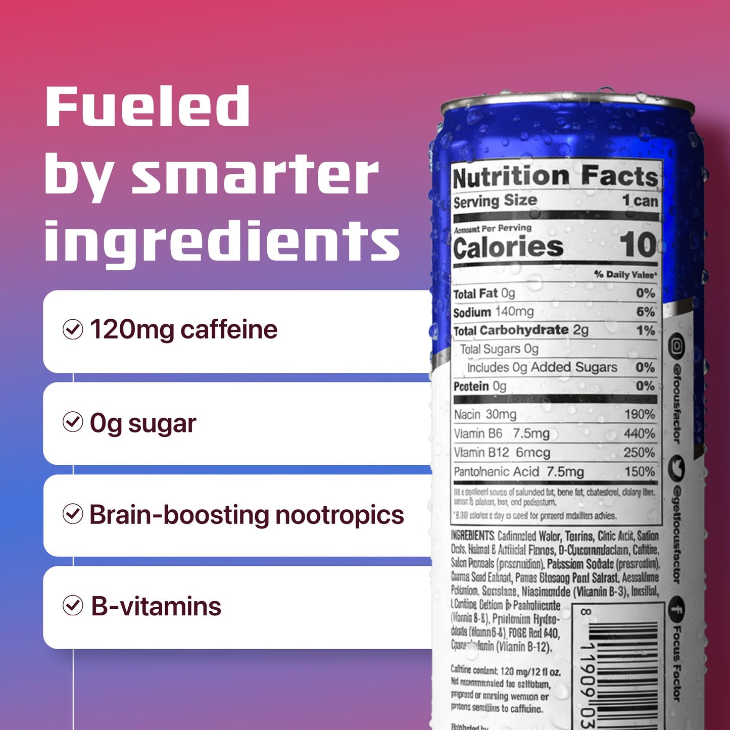 Focus Factor Energy Drink - 12 x 355ml Cans (Berry Flavour) - with Focus + Energy - Lightly Carbonated, Sugar Free, Low Calorie with Vitamin B6 & Vitamin B12 - Maple Wellness Supplements