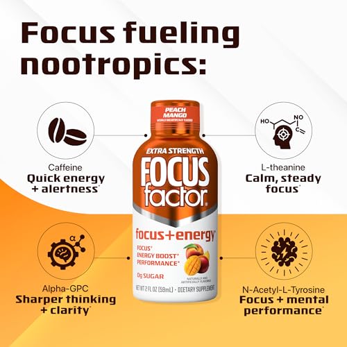 Focus Factor Extra Strength Focus + Energy Shots - 12 x 2oz Bottles (Peach Mango Flavor) - Powered by Nootropics with Caffeine, L-Theanine, Ginkgo, Bacopa, L-Tyrosine, Alpha GPC - Maple Wellness Supplements