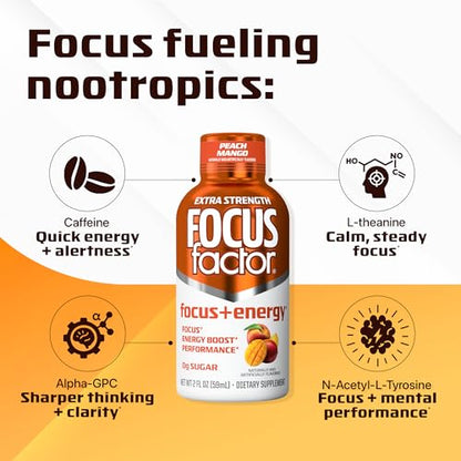 Focus Factor Extra Strength Focus + Energy Shots - 12 x 2oz Bottles (Peach Mango Flavor) - Powered by Nootropics with Caffeine, L-Theanine, Ginkgo, Bacopa, L-Tyrosine, Alpha GPC - Maple Wellness Supplements