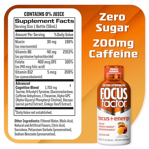 Focus Factor Extra Strength Focus + Energy Shots - 12 x 2oz Bottles (Peach Mango Flavor) - Powered by Nootropics with Caffeine, L-Theanine, Ginkgo, Bacopa, L-Tyrosine, Alpha GPC - Maple Wellness Supplements