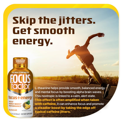 Focus Factor Extra Strength Focus + Energy Shots - 12 x 2oz Bottles (Pineapple Paradise Flavor) - Powered by Nootropics with Caffeine, L-Theanine, Ginkgo, Bacopa, L-Tyrosine, Alpha GPC - Maple Wellness Supplements