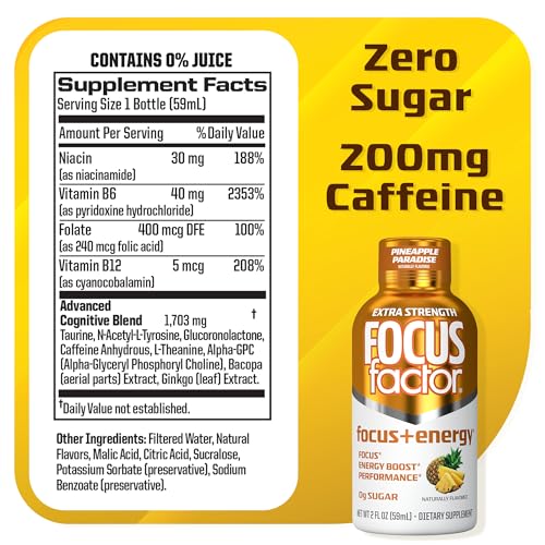 Focus Factor Extra Strength Focus + Energy Shots - 12 x 2oz Bottles (Pineapple Paradise Flavor) - Powered by Nootropics with Caffeine, L-Theanine, Ginkgo, Bacopa, L-Tyrosine, Alpha GPC - Maple Wellness Supplements